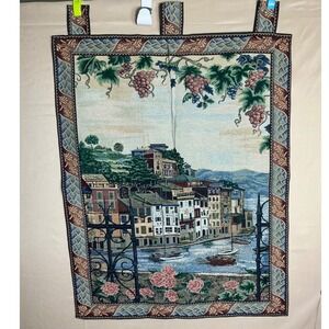 Vintage Sea Gye Fine Tapestry Wall Hanging Village Scene Grapes Roses
